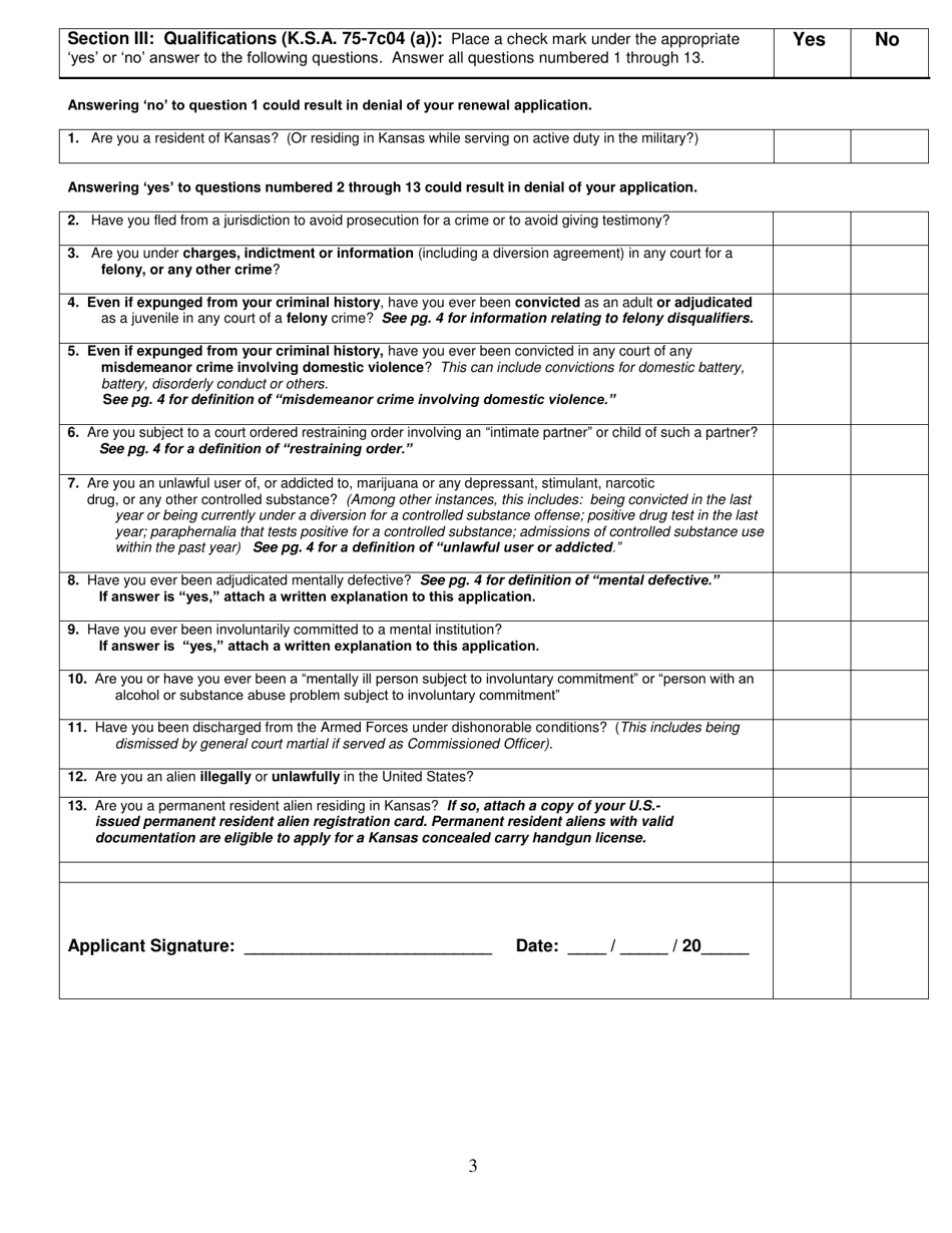 Kansas Concealed Carry Handgun License Renewal Application - Kansas, Page 3