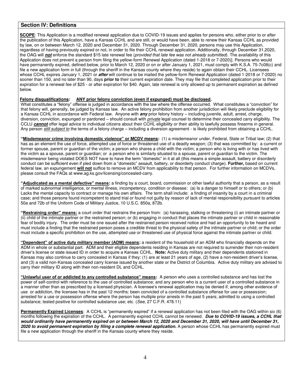 Kansas Concealed Carry Handgun License Renewal Application - Kansas, Page 4