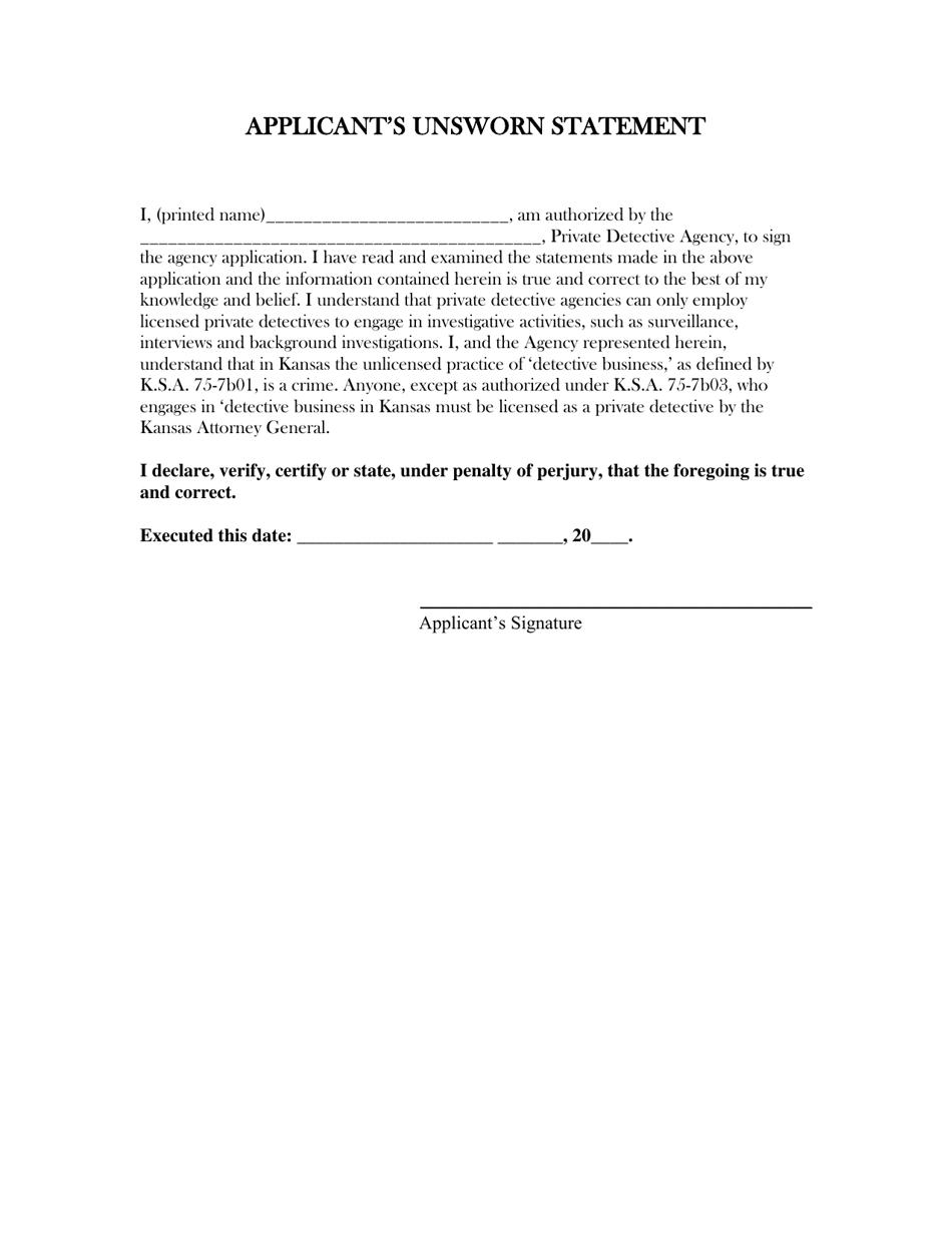 Private Detective Agency Covid Unsworn Statement - Kansas, Page 1