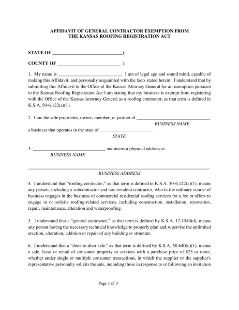 Affidavit of General Contractor Exemption From the Kansas Roofing Registration Act - Kansas Download Pdf
