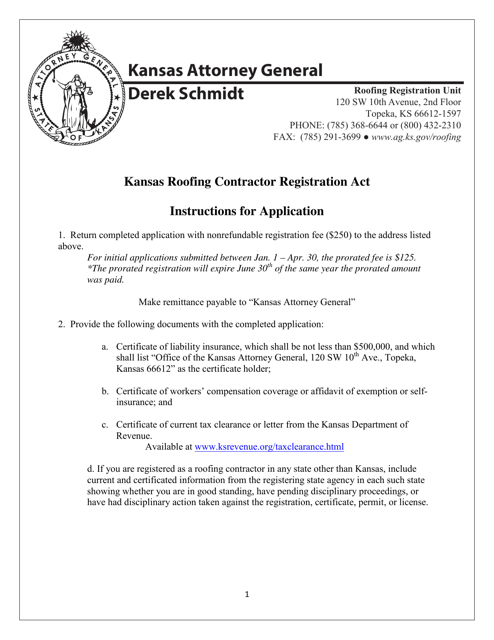 Application for Roofing Contractor Registration - Kansas Download Pdf