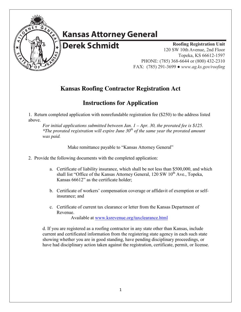 Kansas Application for Roofing Contractor Registration Download