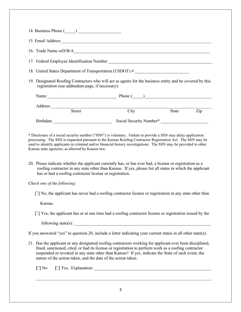 Application for Roofing Contractor Registration - Kansas, Page 3