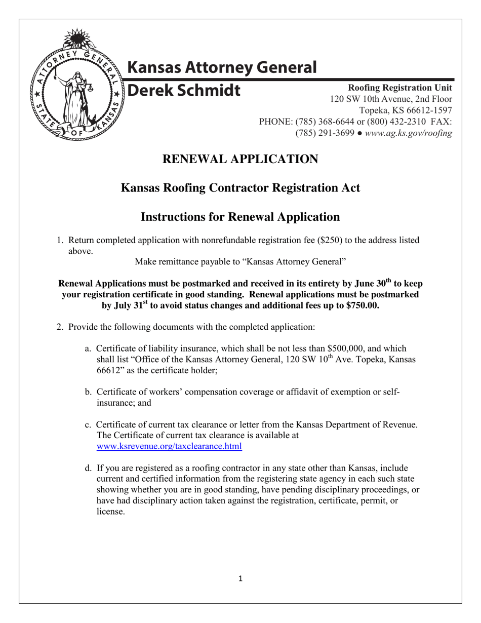 Renewal Application for Roofing Contractor Registration - Kansas, Page 1