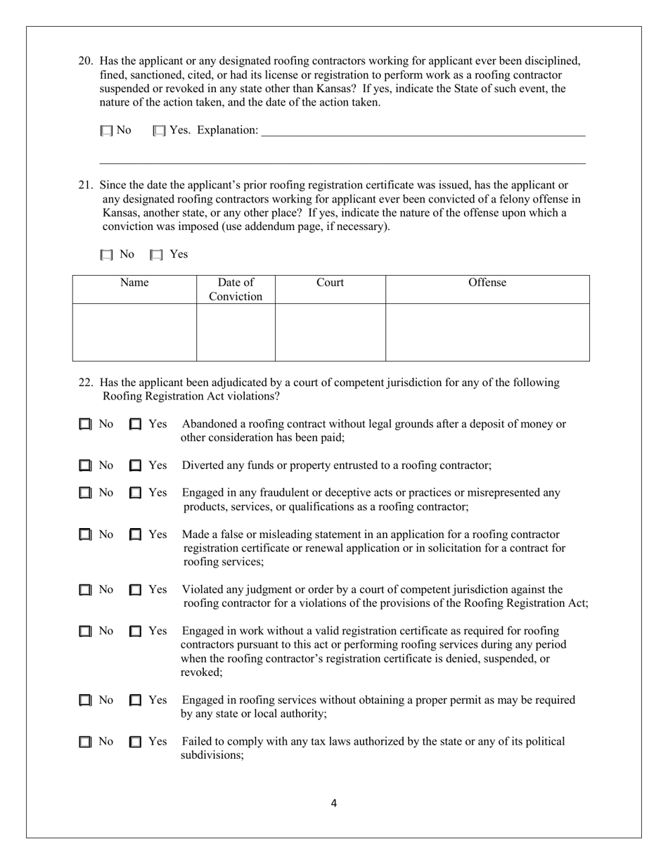 Renewal Application for Roofing Contractor Registration - Kansas, Page 4