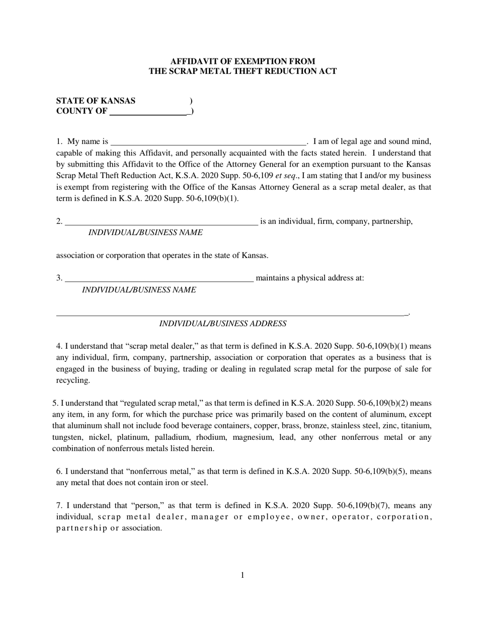 Kansas Affidavit of Exemption From the Scrap Metal Theft Reduction Act ...