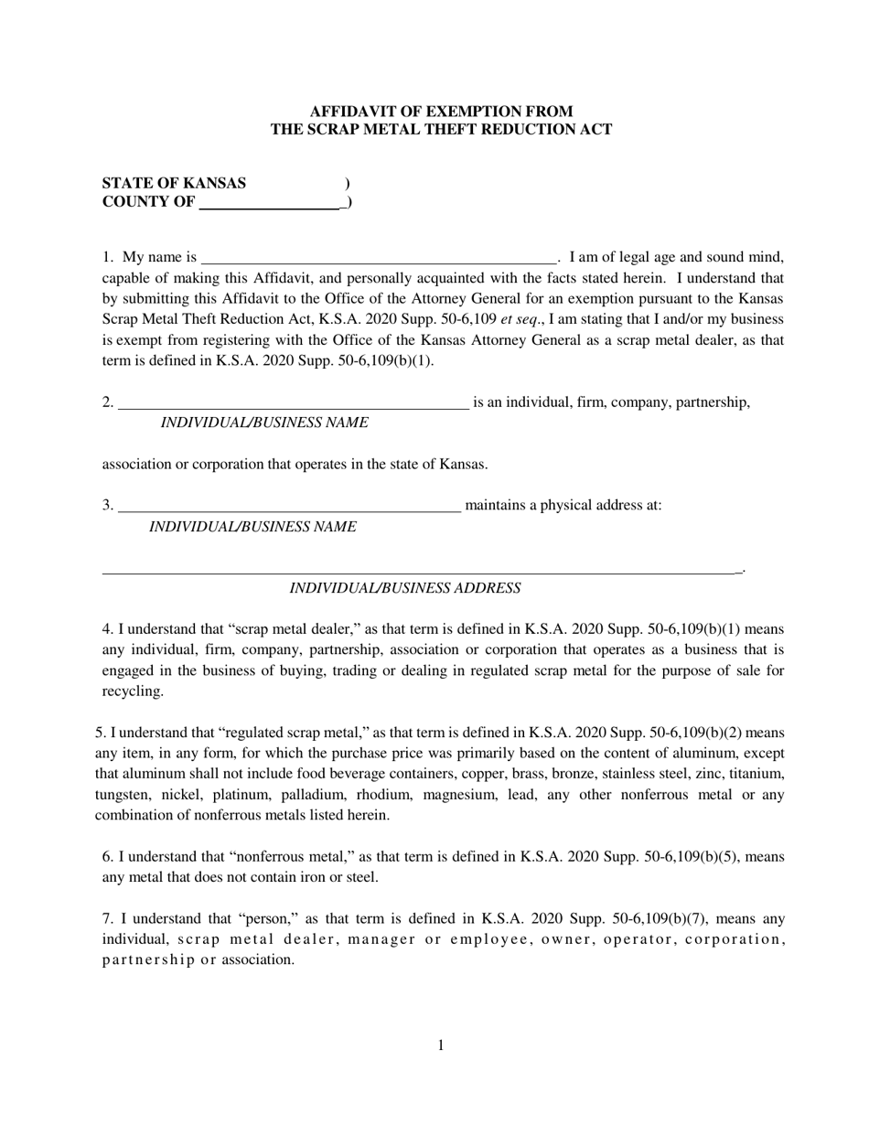 Affidavit of Exemption From the Scrap Metal Theft Reduction Act - Kansas, Page 1