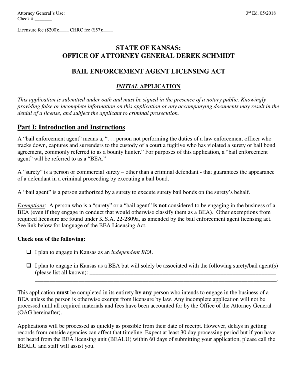 Bail Enforcement Agent Initial Application - Kansas, Page 1