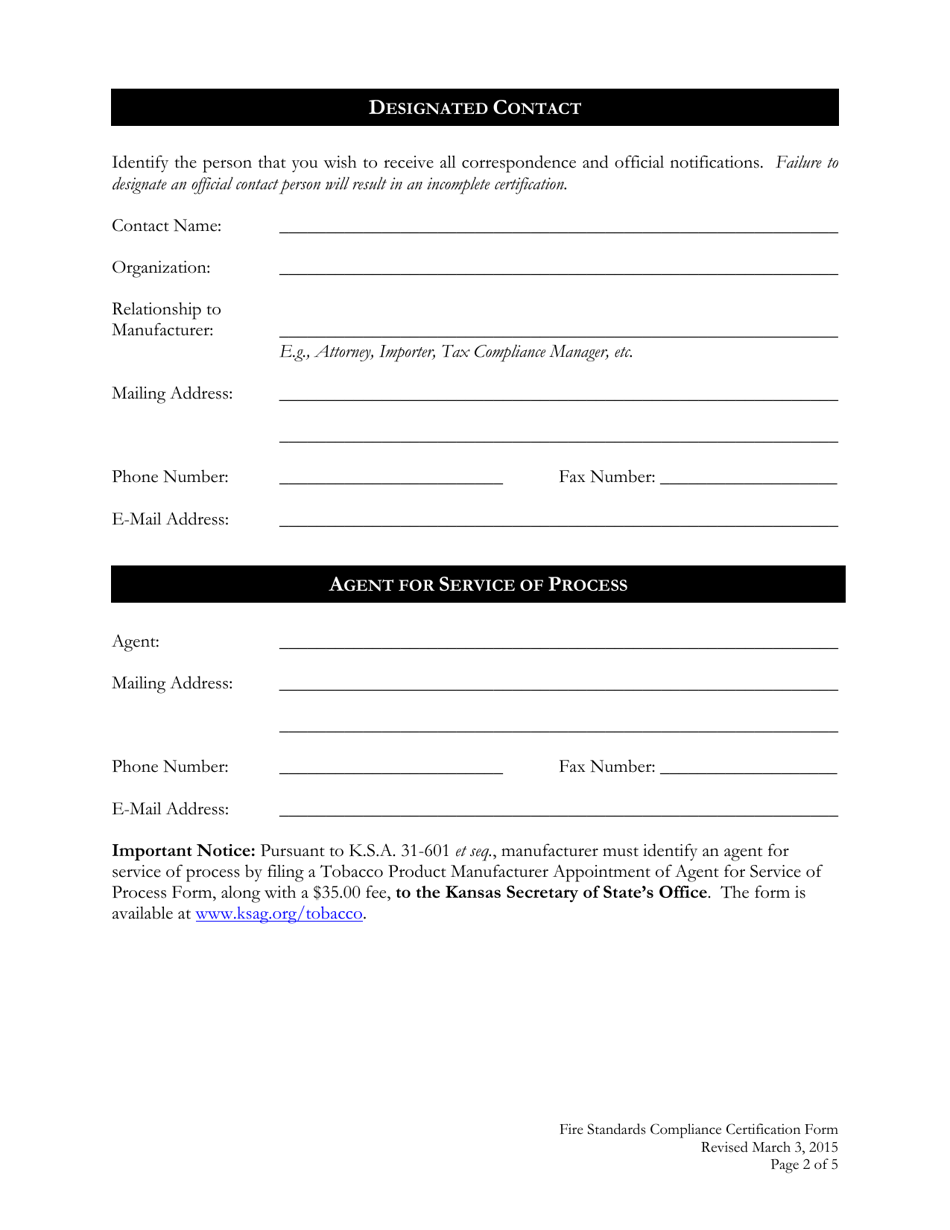 Fire Standards Compliance Certification Form - Kansas, Page 2