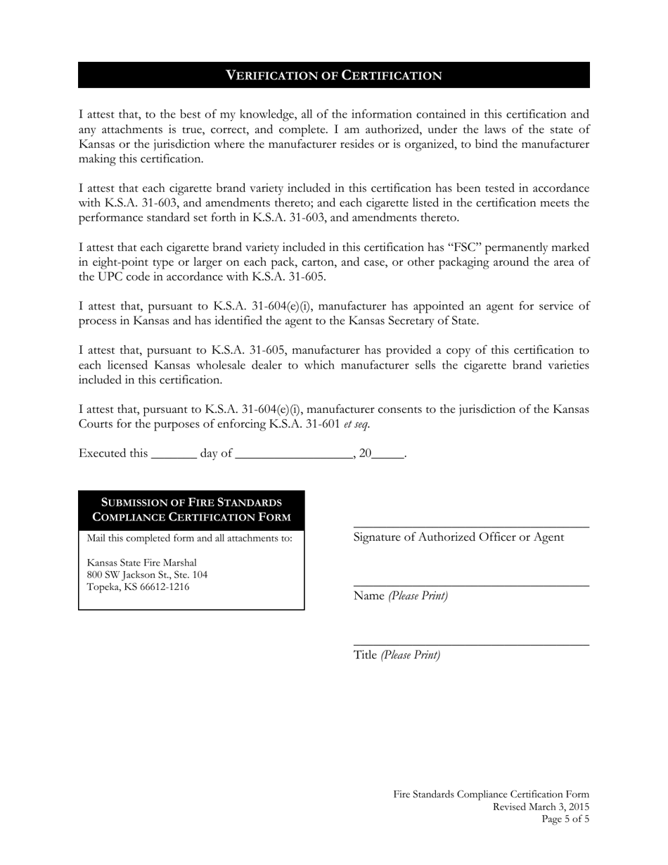 Fire Standards Compliance Certification Form - Kansas, Page 5