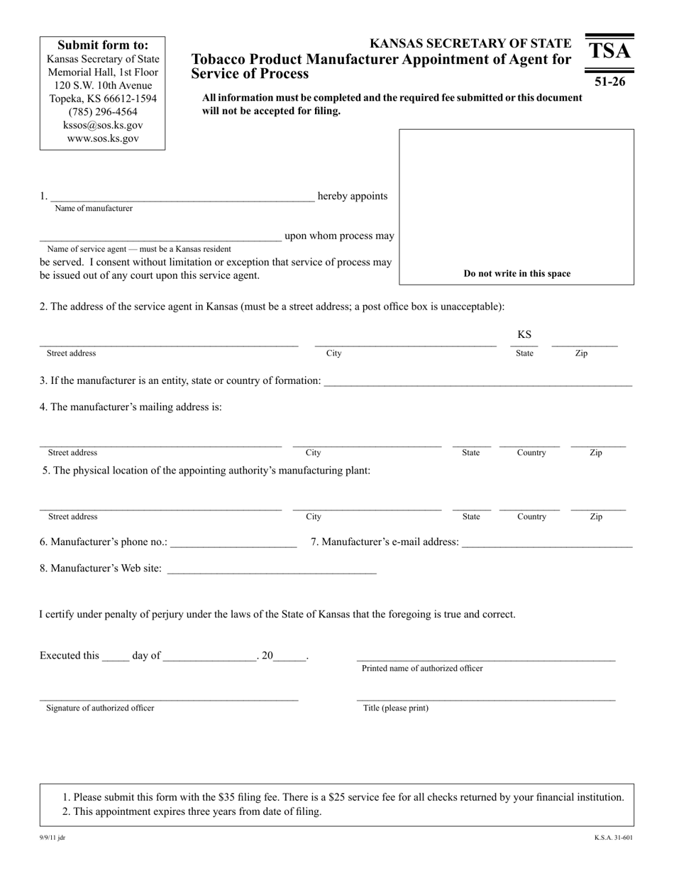 Form TSA51-26 Tobacco Product Manufacturer Appointment of Agent for Service of Process - Kansas, Page 1