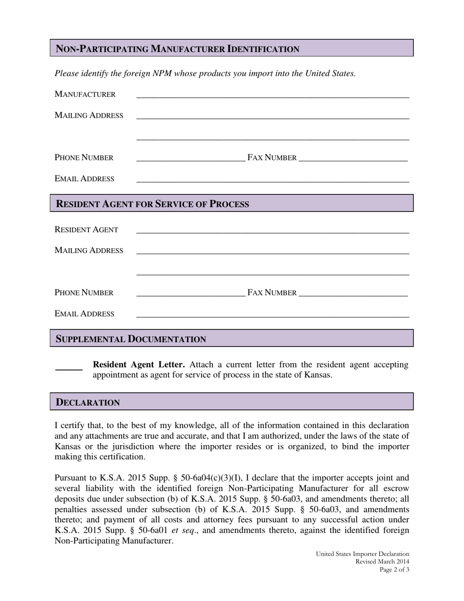 United States Importer Declaration - Kansas, Page 2