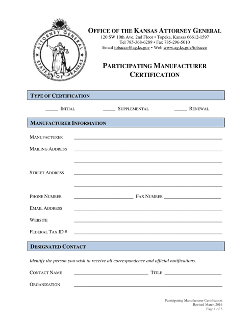 Participating Manufacturer Certification - Kansas