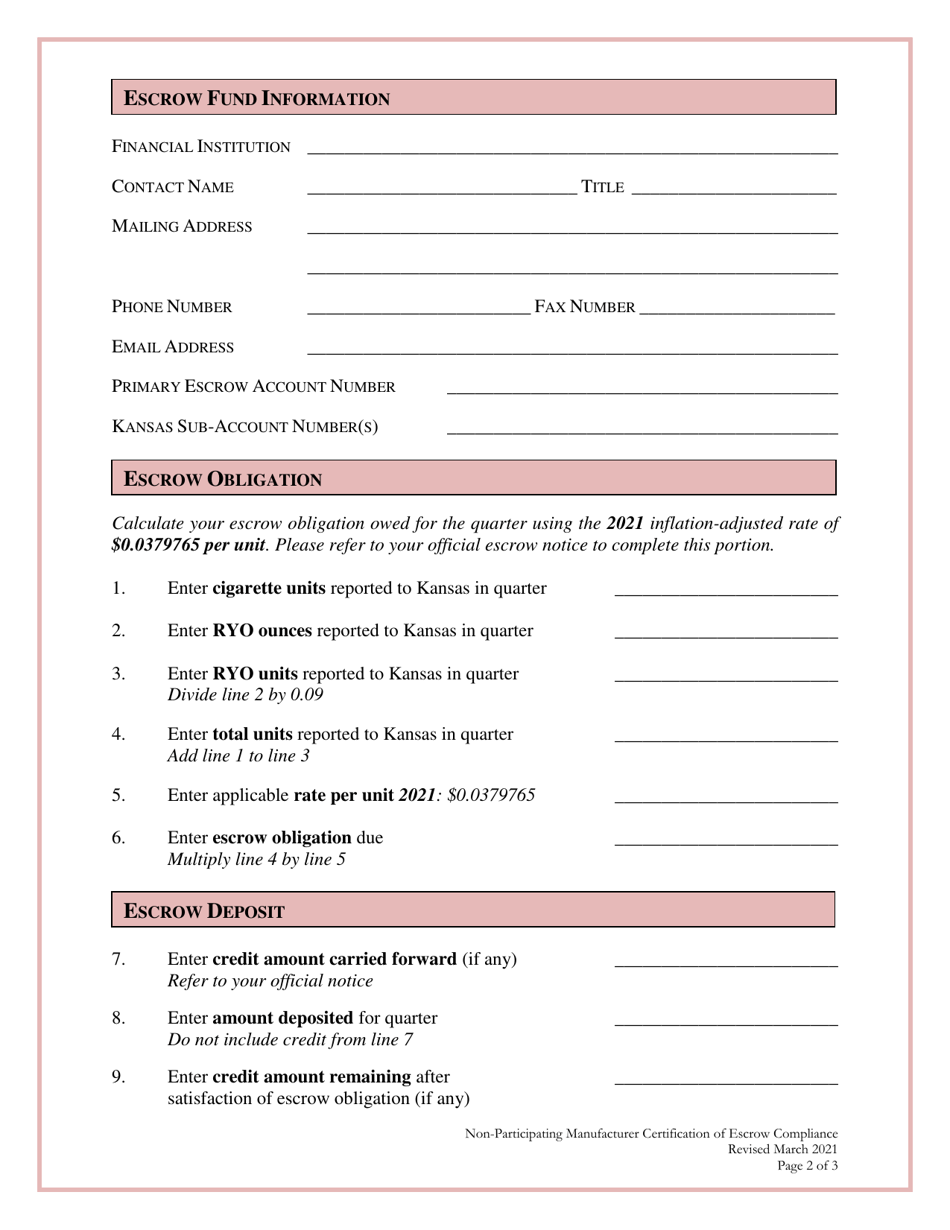 Non-participating Manufacturer Certification of Escrow Compliance - Kansas, Page 2