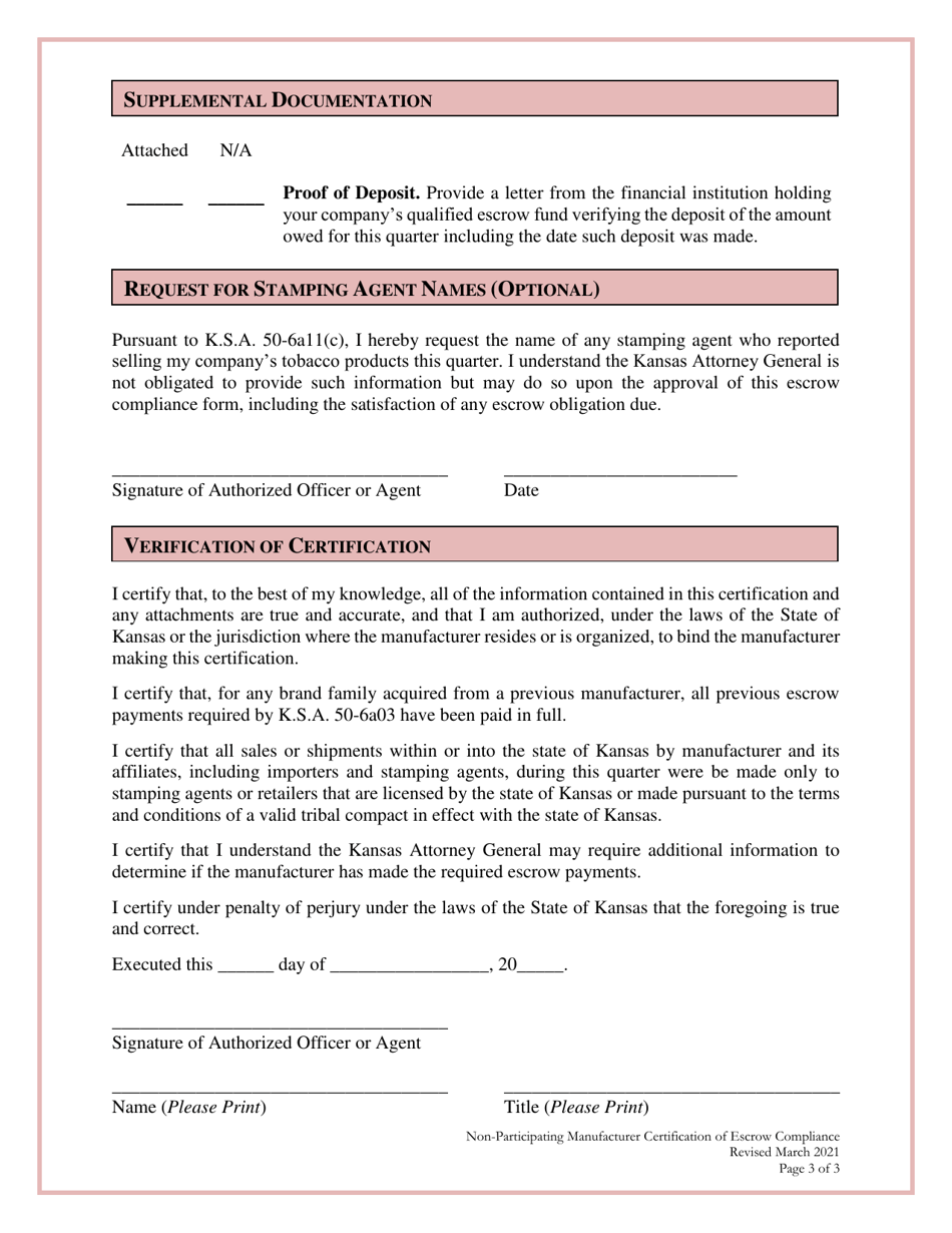 Non-participating Manufacturer Certification of Escrow Compliance - Kansas, Page 3