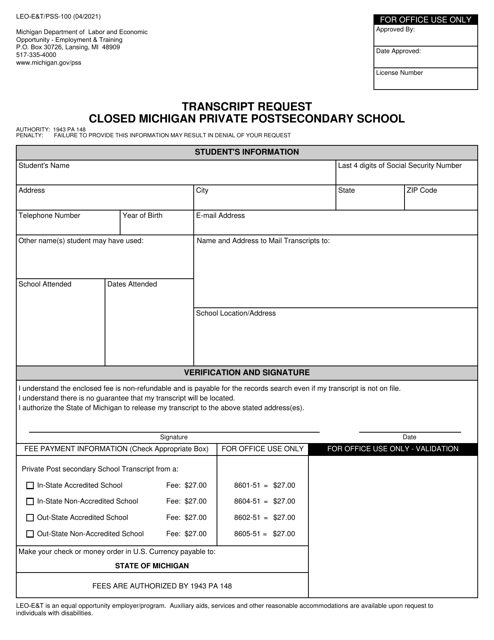 Form LEO-E&T/PSS-100 Transcript Request Closed Michigan Private Postsecondary School - Michigan