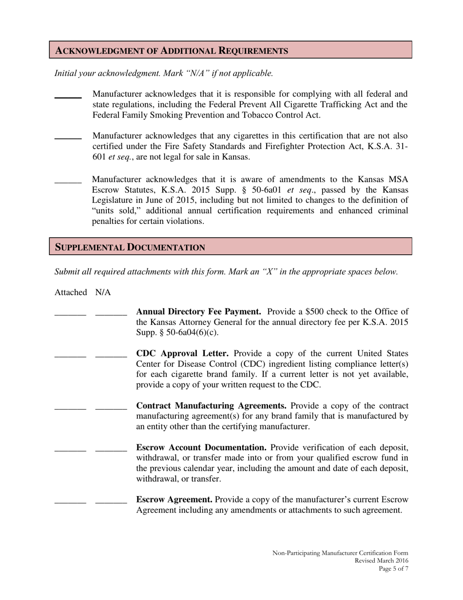 Non-participating Manufacturer Certification - Kansas, Page 5