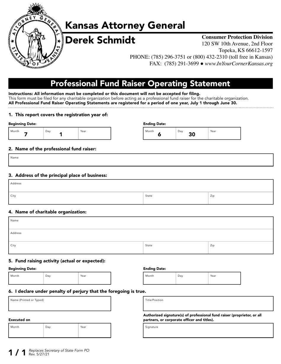 Kansas Professional Fund Raiser Operating Statement Fill Out, Sign