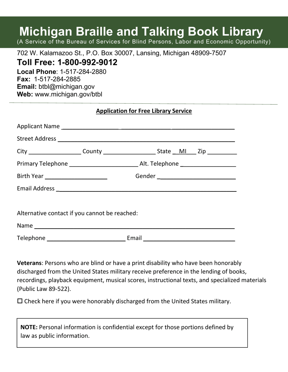 Application for Free Library Service - Michigan, Page 1