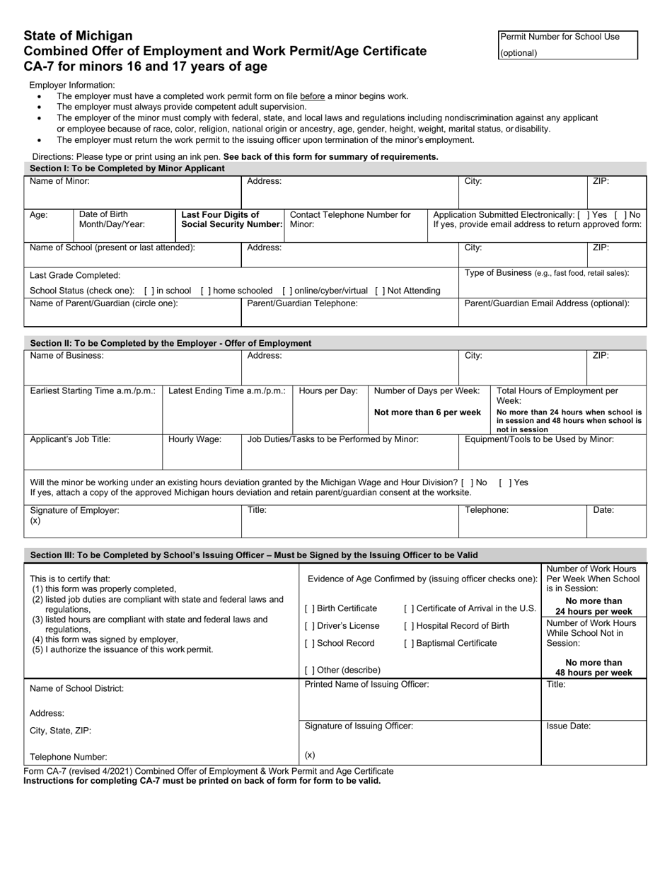 Form CA-7 Combined Offer of Employment and Work Permit / Age Certificate for Minors 16 and 17 Years of Age - Michigan, Page 1