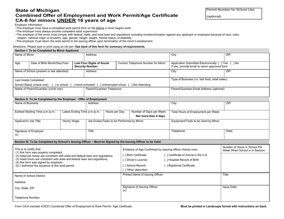 Form CA-6 Combined Offer of Employment and Work Permit / Age Certificate for Minors Under 16 Years of Age - Michigan, Page 1