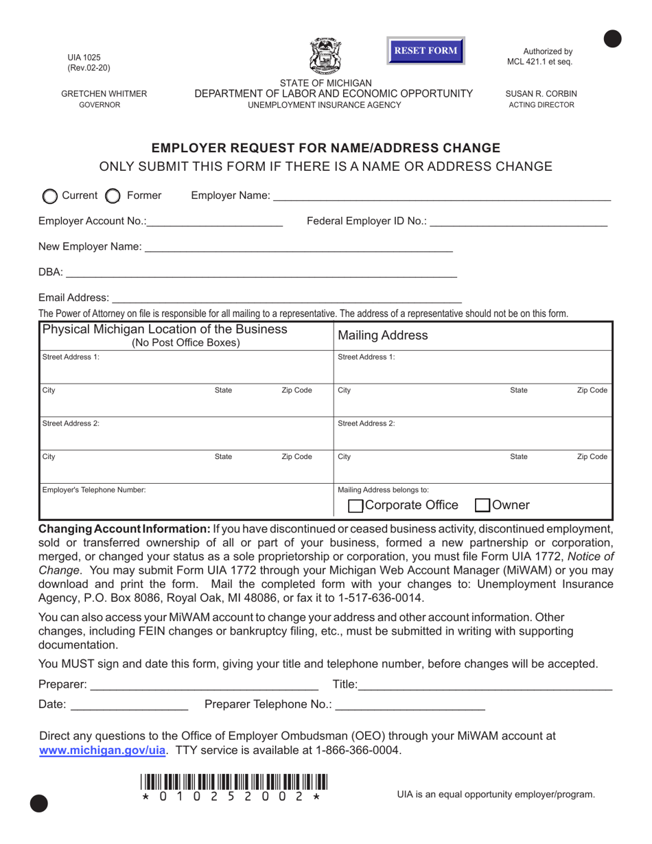 Form UIA1025 Employer Request for Name / Address Change - Michigan, Page 1