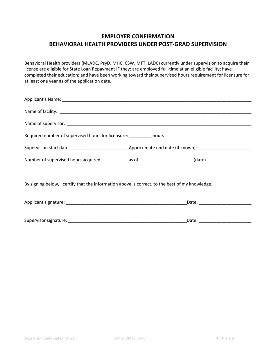 Employer Confirmation - Behavioral Health Providers Under Post-grad Supervision - New Hampshire, Page 1