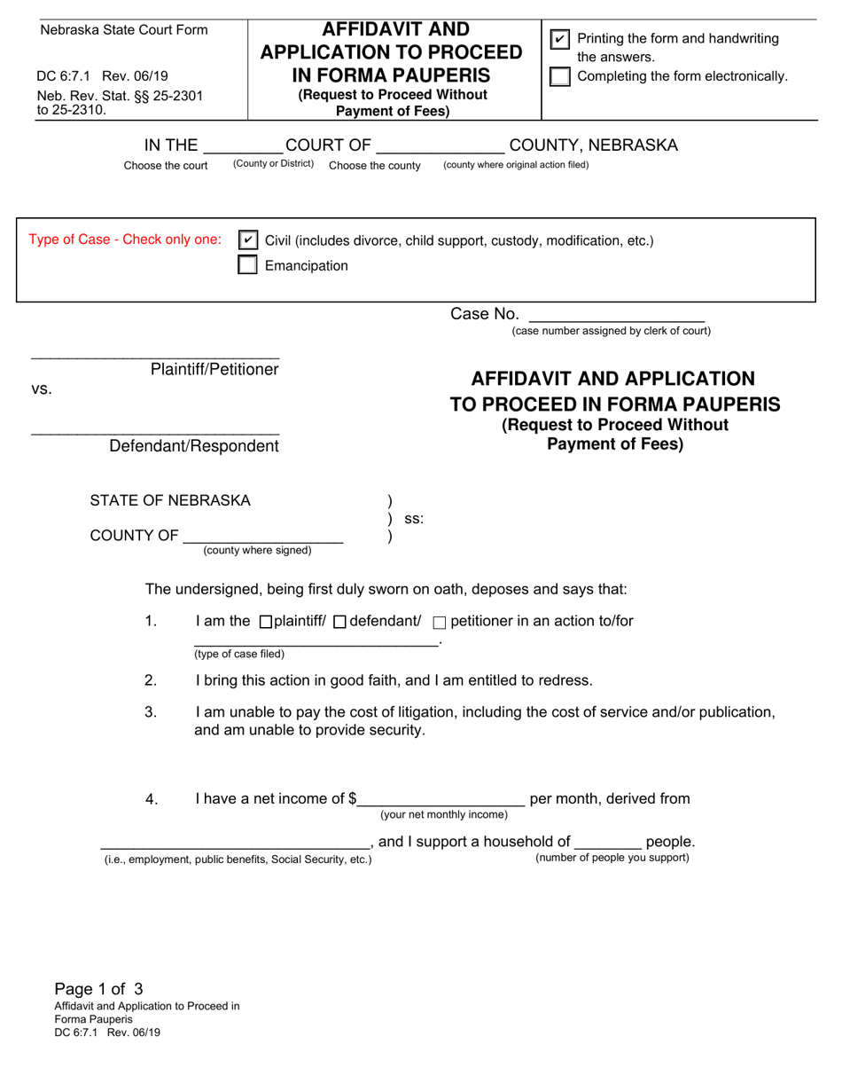 Form DC6:7.1 Affidavit and Application to Proceed in Forma Pauperis (Request to Proceed Without Payment of Fees) - Nebraska, Page 1