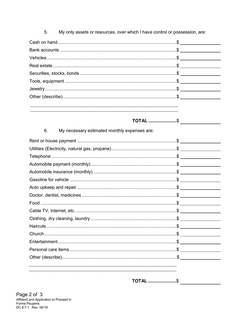 Form DC6:7.1 Affidavit and Application to Proceed in Forma Pauperis (Request to Proceed Without Payment of Fees) - Nebraska, Page 2