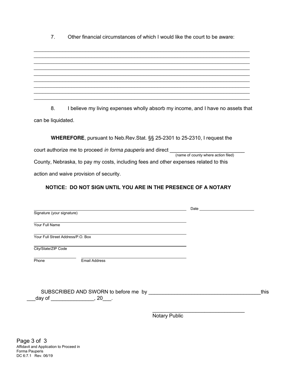 Form DC6:7.1 Affidavit and Application to Proceed in Forma Pauperis (Request to Proceed Without Payment of Fees) - Nebraska, Page 3
