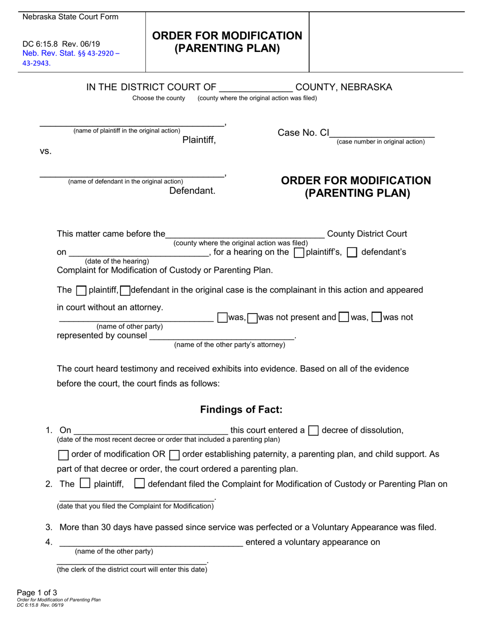 Form DC6:15.8 Order for Modification (Parenting Plan) - Nebraska, Page 1