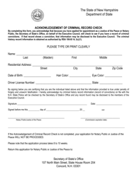 Document preview: Acknowledgement of Criminal Record Check - New Hampshire