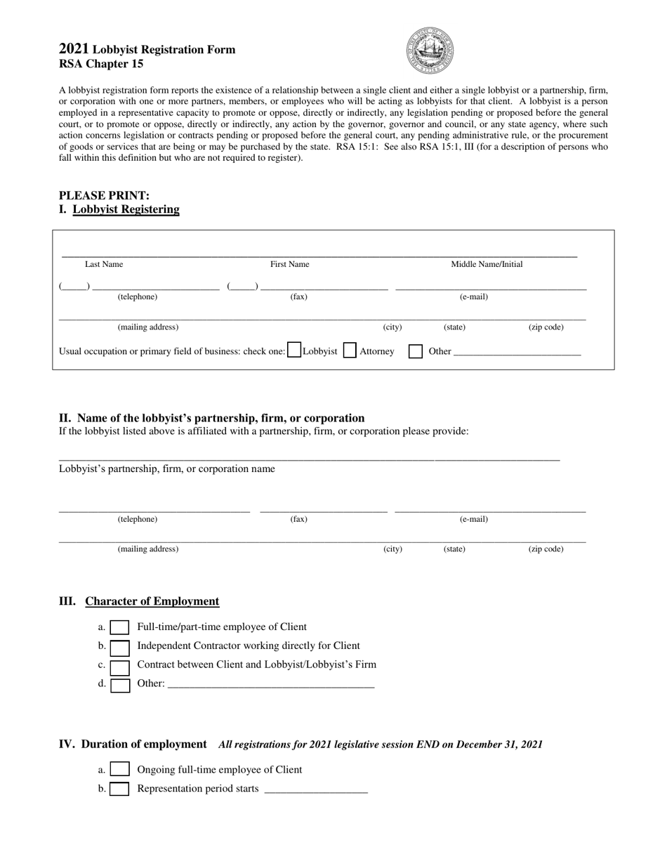 Lobbyist Registration Form - New Hampshire, Page 1