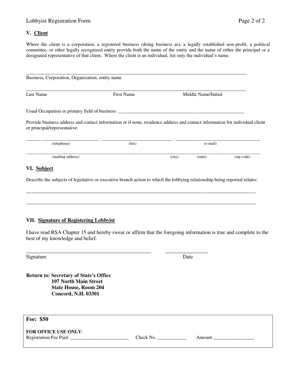 Lobbyist Registration Form - New Hampshire, Page 2