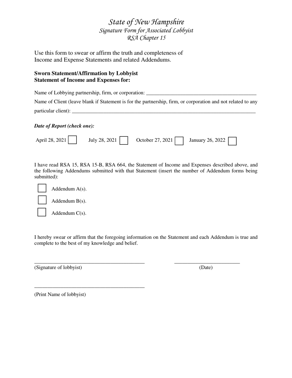 Signature Form for Associated Lobbyist - New Hampshire, Page 1