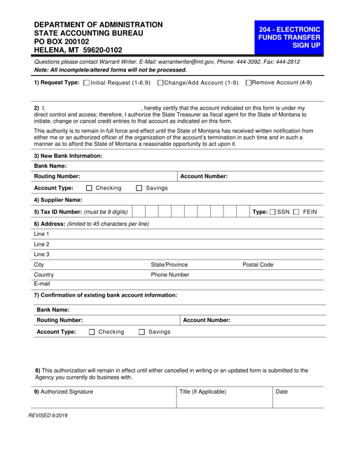 Form 204 Electronic Funds Transfer Sign up - Montana