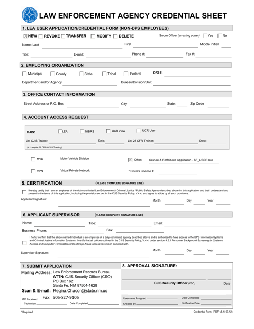 "Law Enforcement Agency Credential Sheet" - New Mexico Download Pdf