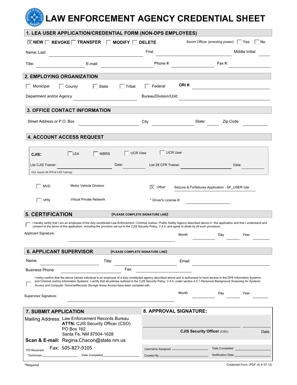 New Mexico Law Enforcement Agency Credential Sheet - Fill Out, Sign ...