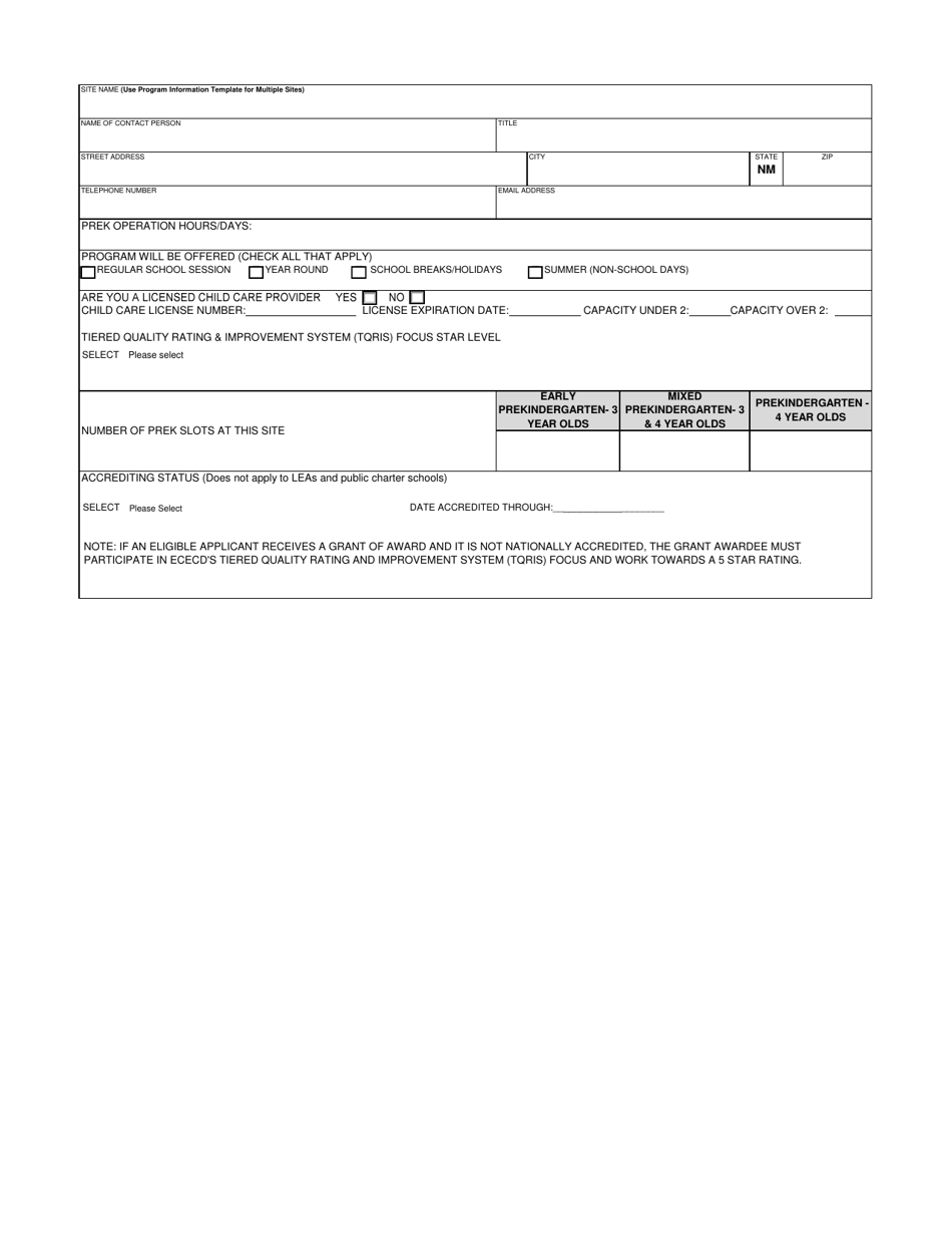 Prekindergarten Grant Application - Program Information Template - New Mexico, Page 11