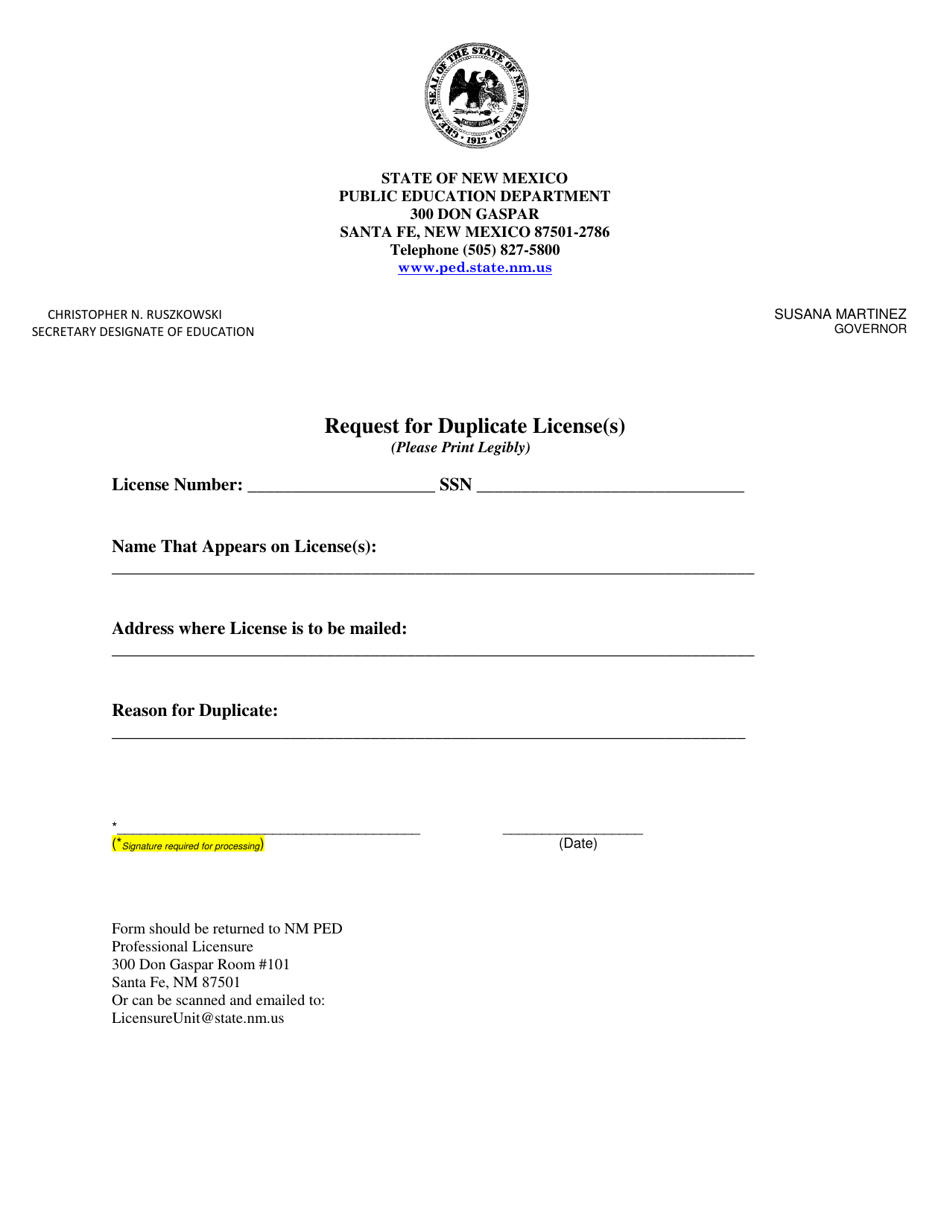 Request for Duplicate License(S) - New Mexico, Page 1