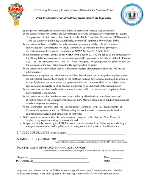 21st Century Community Learning Centers Subcontractor Assurance Form - New Mexico Download Pdf