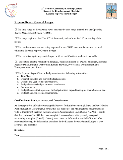 21st Century Community Learning Centers Request for Reimbursement Checklist Expense Report / General Ledger - New Mexico Download Pdf