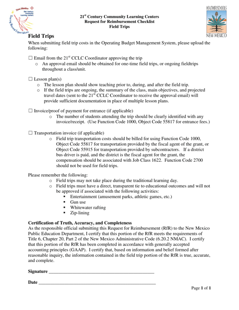 21st Century Community Learning Centers Request for Reimbursement Checklist Field Trips - New Mexico Download Pdf