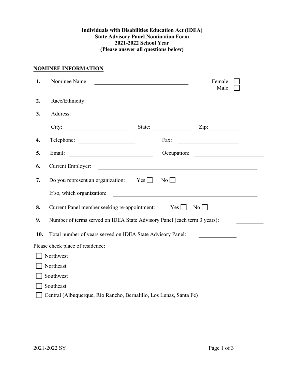 State Advisory Panel Nomination Form - Individuals With Disabilities Education Act (Idea) - New Mexico, Page 1