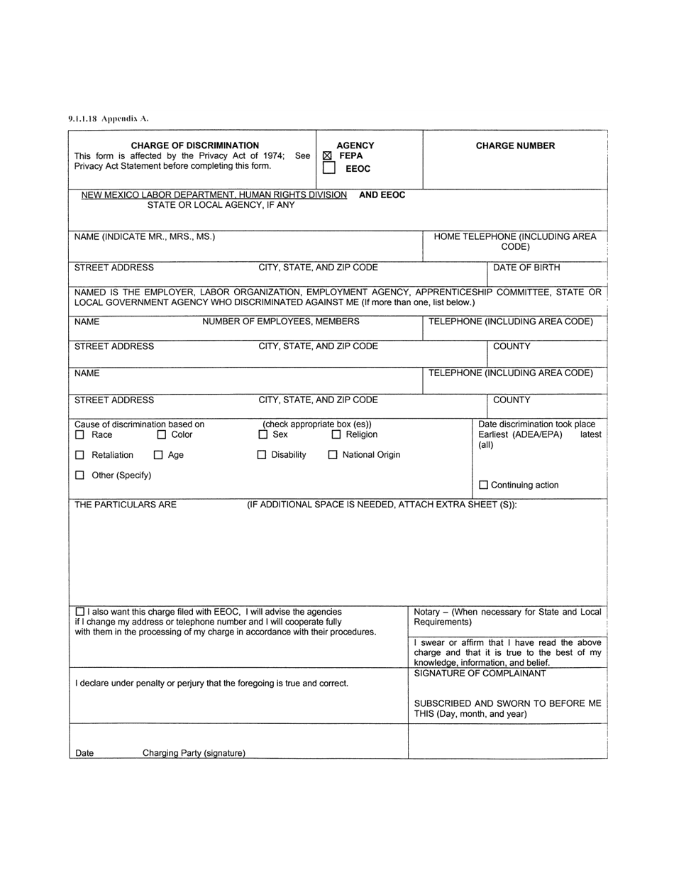 Appendix A Charge of Discrimination Form - New Mexico, Page 1