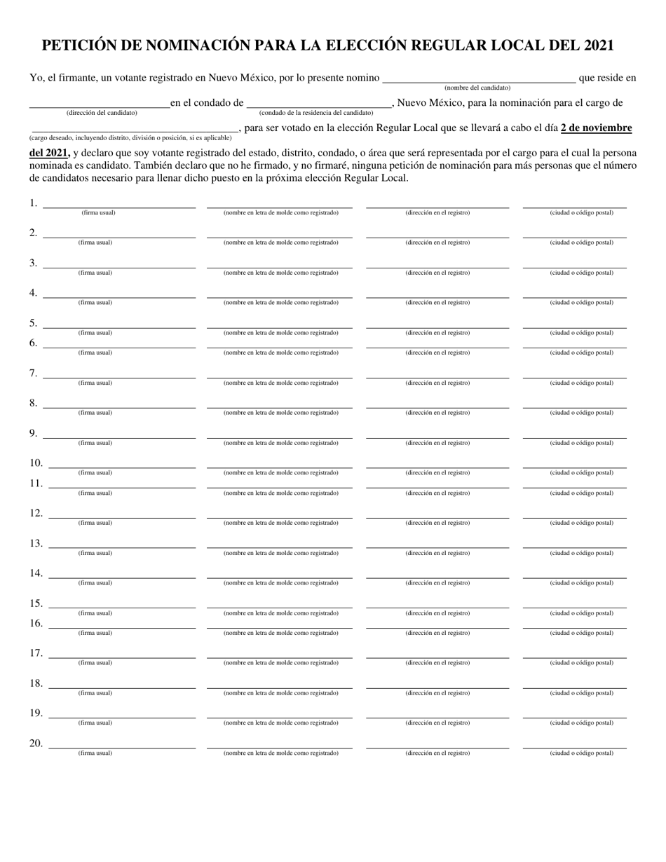 Peticion De Nominacion Para La Eleccion Regular Local - New Mexico (Spanish), Page 1