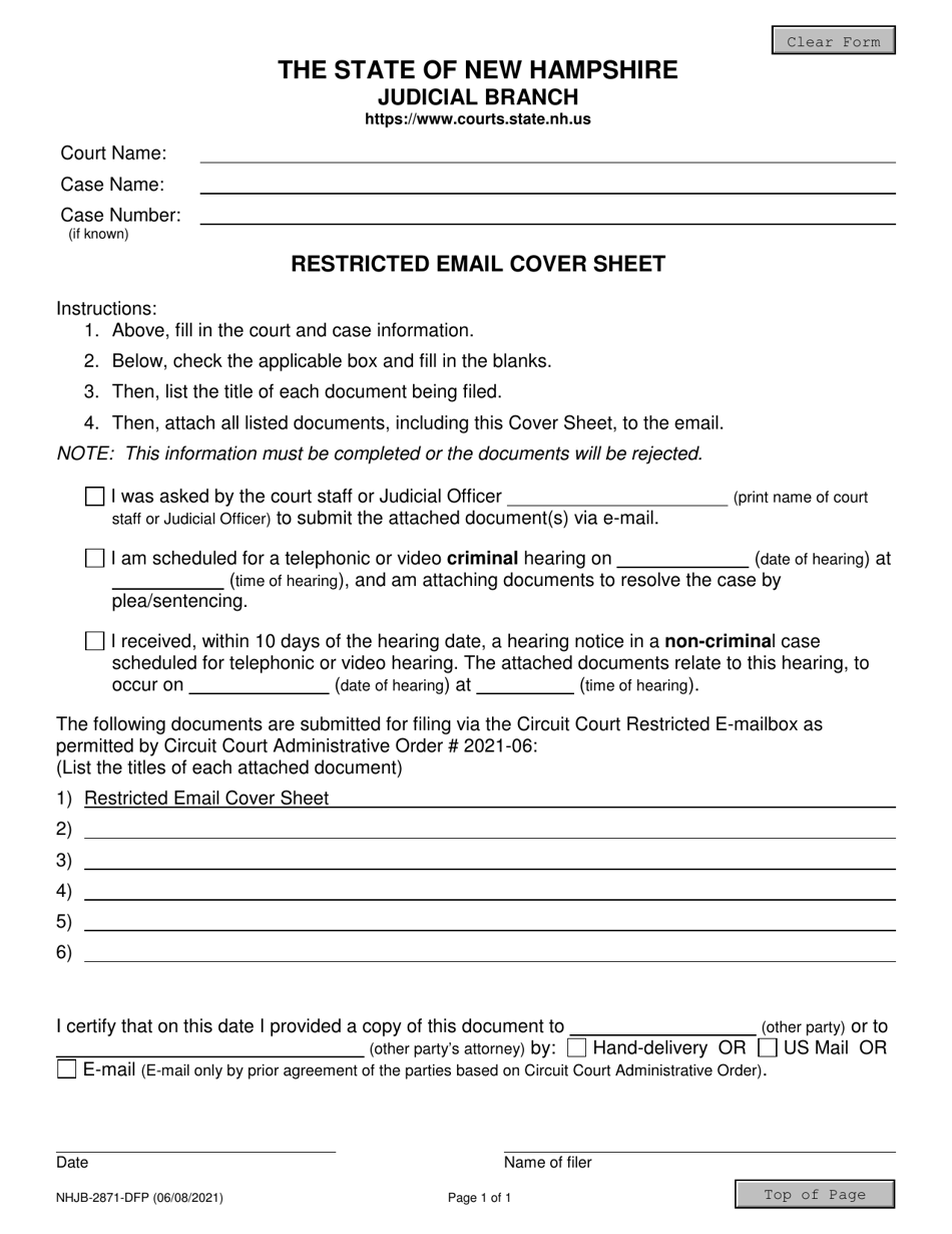Form NHJB-2871-DFP Restricted Email Cover Sheet - New Hampshire, Page 1