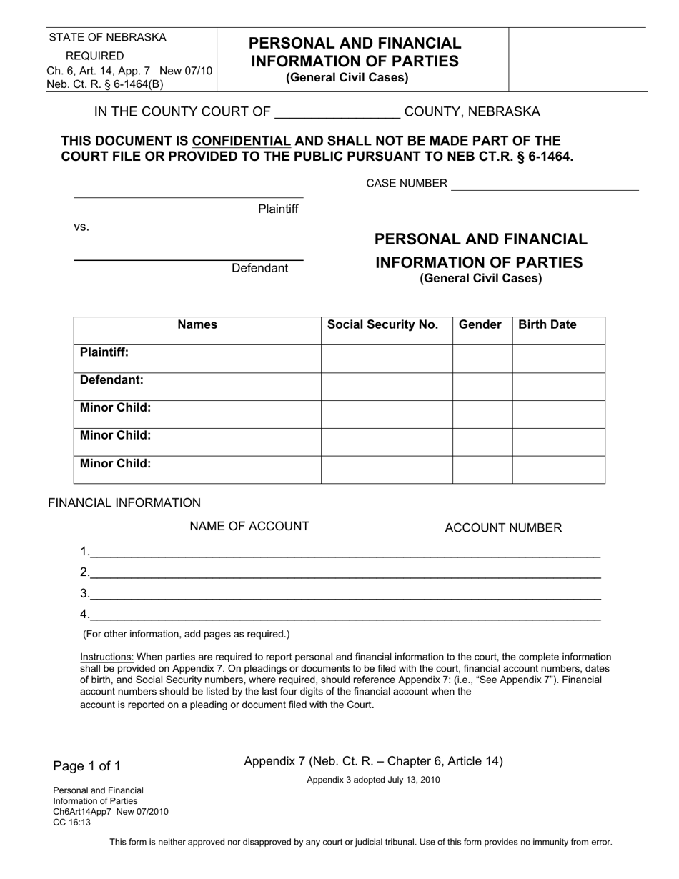 Form CC16:13 (CH6ART14APP7) Personal and Financial Information of Parties (General Civil Cases) - Nebraska, Page 1