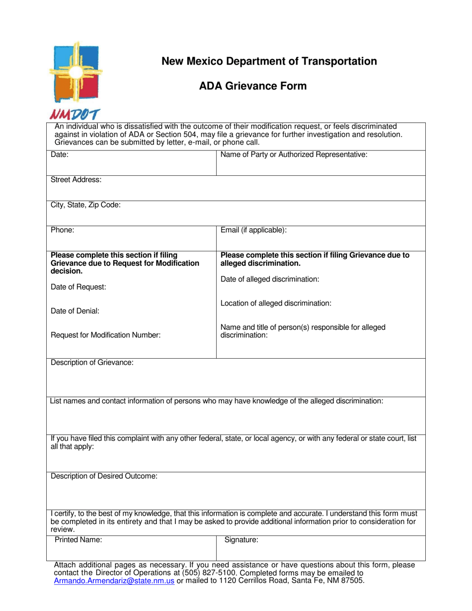 New Mexico Ada Grievance Form - Fill Out, Sign Online and Download PDF ...