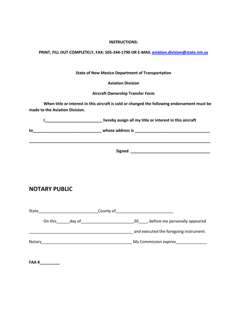 Aircraft Ownership Transfer Form - New Mexico Download Pdf
